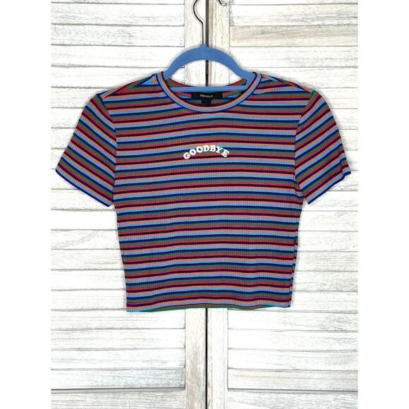 𝅺Forever 21 Rainbow Striped GOODBYE Cropped Top Size Small - Picture 1 of 4